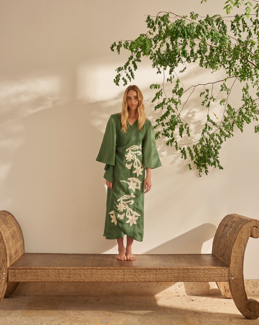 Women Juan de Dios Dresses | Frida Linen Embroidered Dress/Pine