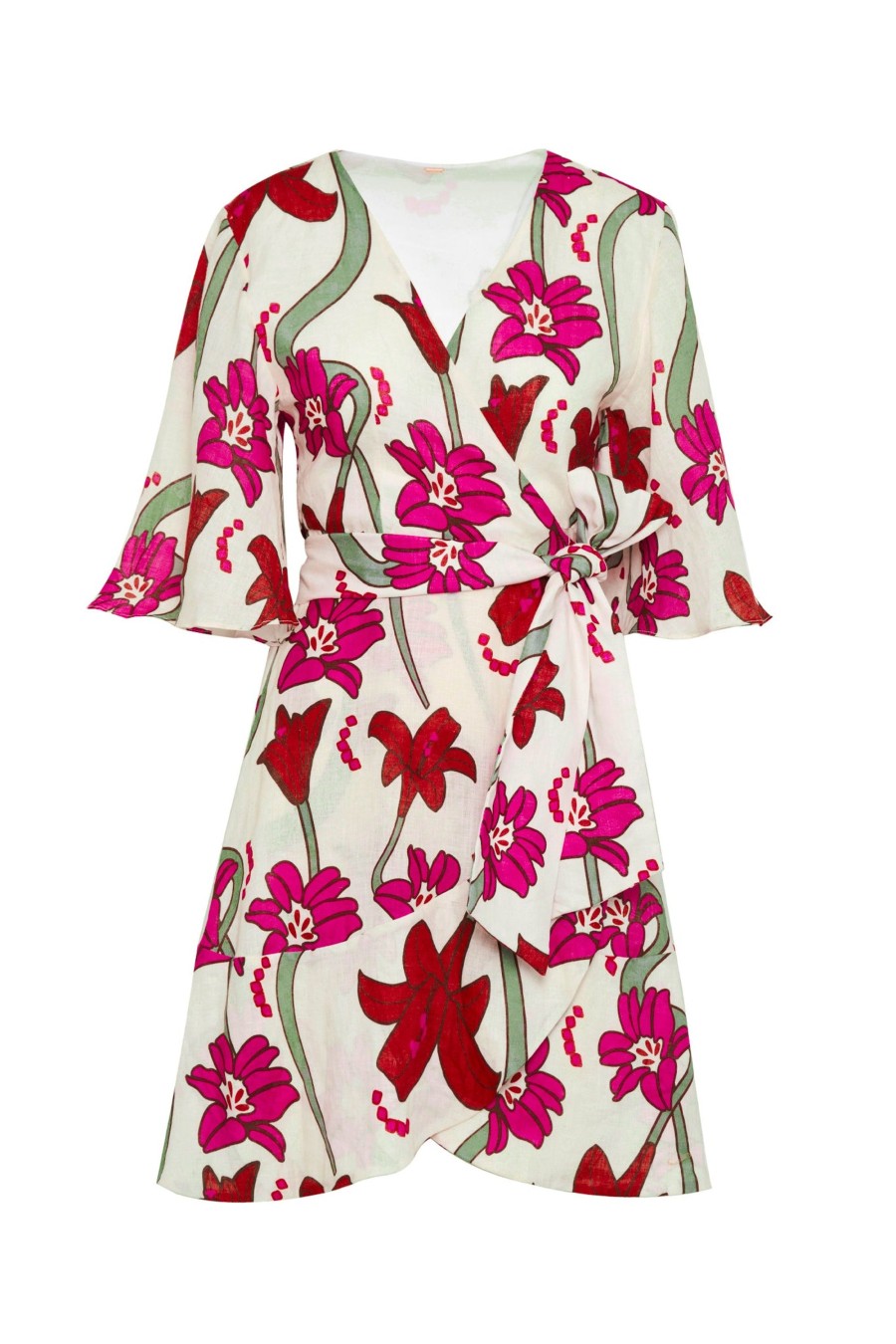 Women Juan de Dios Dresses | Teresita Linen Mini Wrap Dress/Fuchsia Flowers