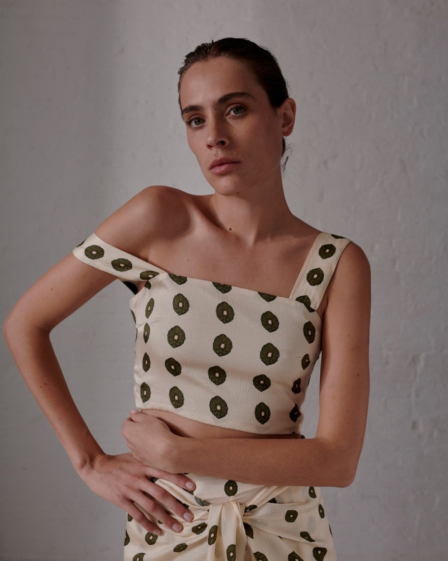 Women Juan de Dios Shirts & Blouses | Marimba Silk Martellato Top/Ivory Green Chintz