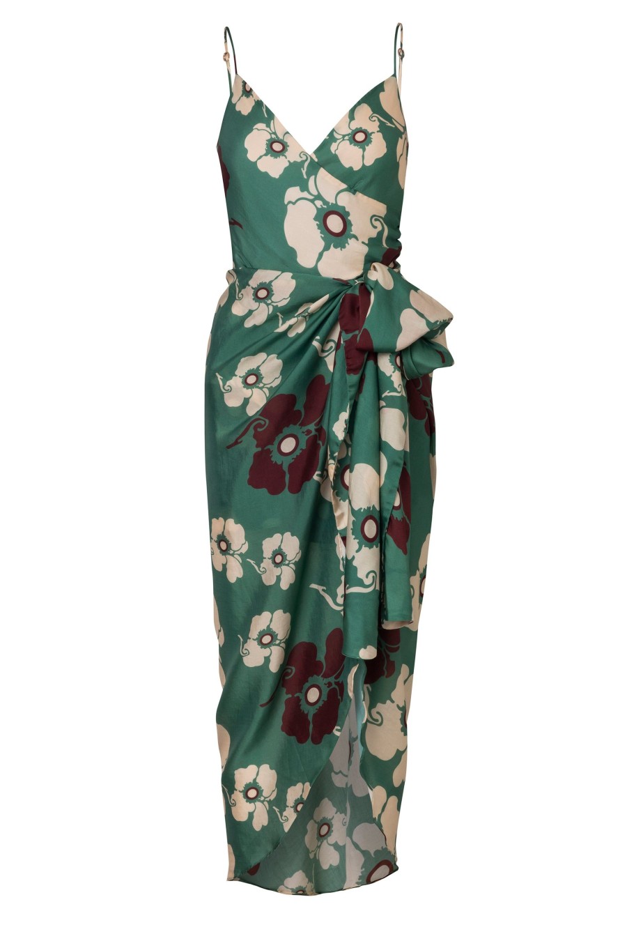 Women Juan de Dios Dresses | Sophia Silk Cotton Pareo Dress/Emerald Green Maxi Ivory Flowers