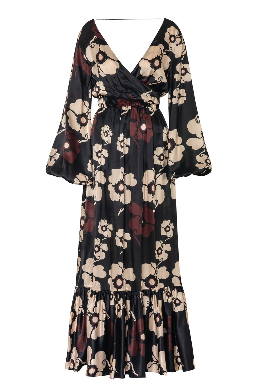 Women Juan de Dios Dresses | Feminine Mistique Silk Maxi Dress/Black Maxi Ivory Flowers