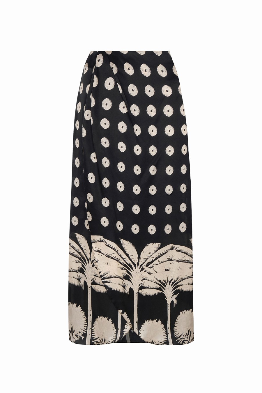 Women Juan de Dios Skirts | Amaime Satin Silk Midi Skirt/Black Mini Palms Cream