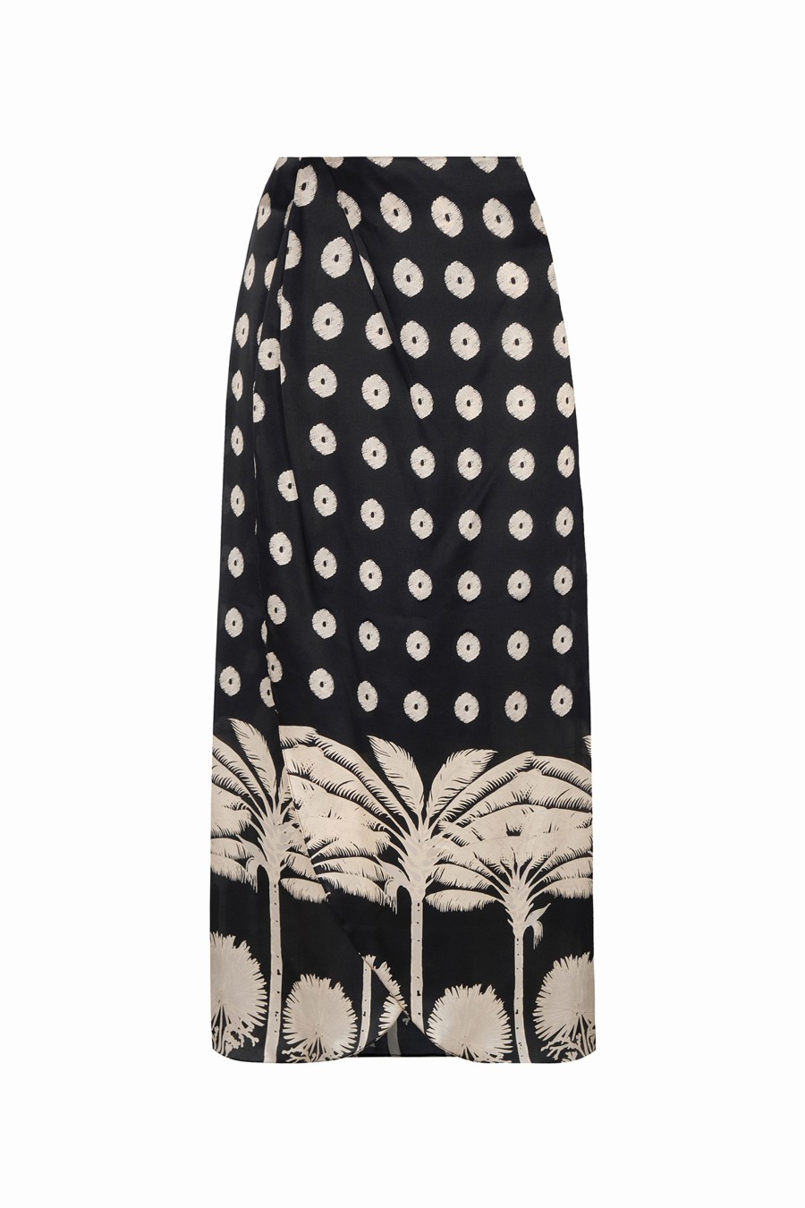 Women Juan de Dios | Amaime Satin Silk Midi Skirt/Black Mini Palms Cream