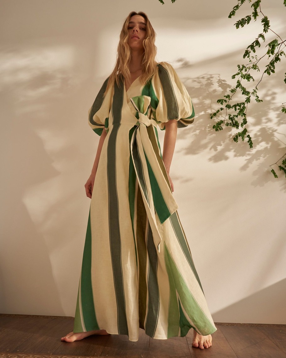 Women Juan de Dios Shirts & Blouses | Ermita Wrap Linen Dress/Green Stripes