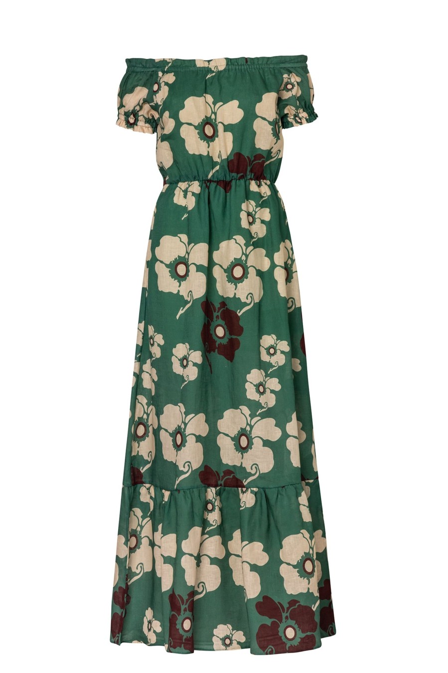 Women Juan de Dios Dresses | Julia Linen Maxi Dress/Emerald Green Maxi Ivory Flowers