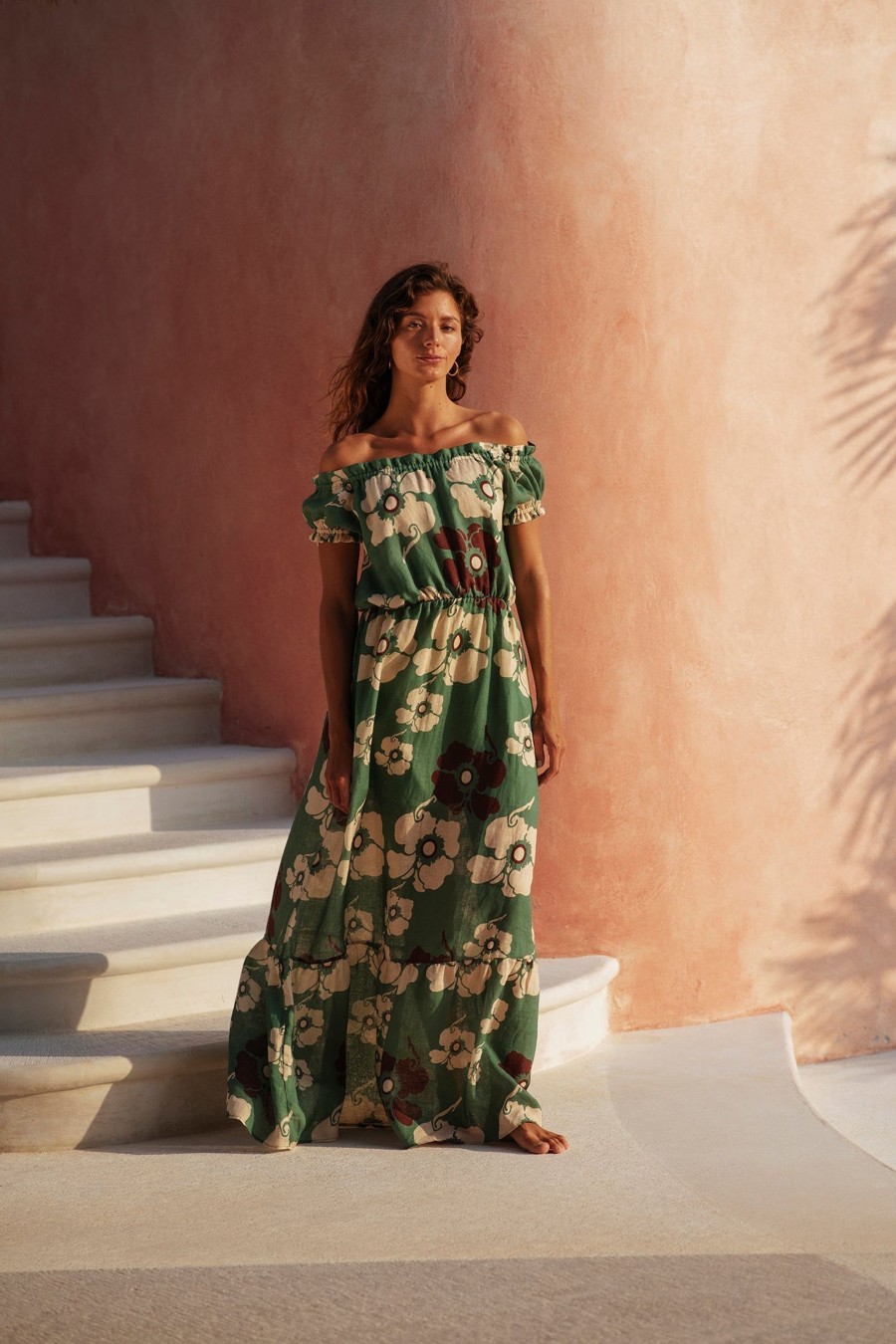 Women Juan de Dios Dresses | Julia Linen Maxi Dress/Emerald Green Maxi Ivory Flowers