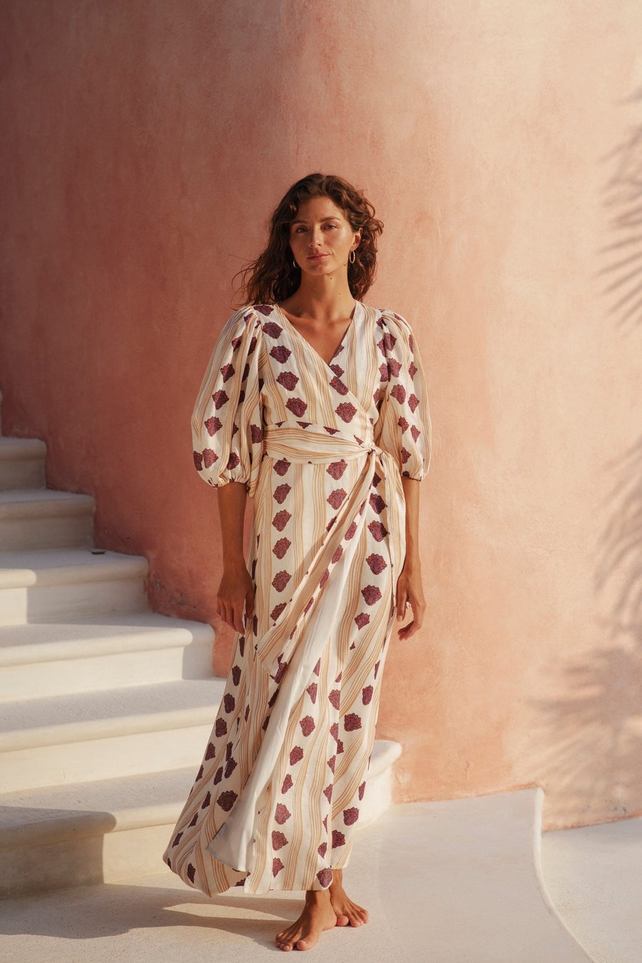 Women Juan de Dios Dresses | Ermita Linen Midi Dress/White Beige Stripes