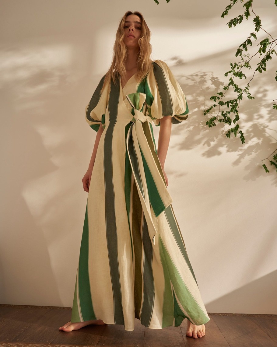 Women Juan de Dios Dresses | Ermita Wrap Linen Dress/Green Stripes