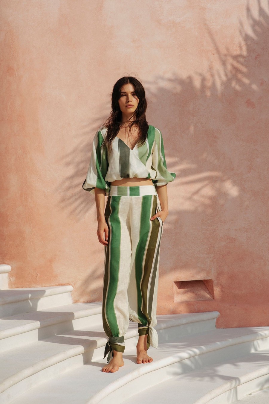 Women Juan de Dios Shirts & Blouses | Beatrice Linen Top/Green Ivory Stripes