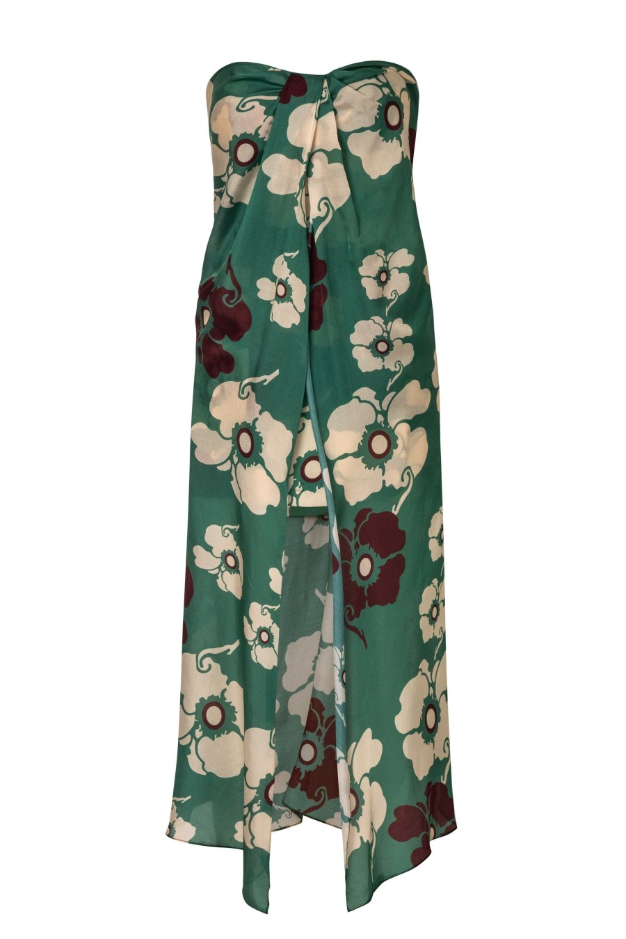 Women Juan de Dios | Bardot Cotton Silk Midi Dress/Emerald Green Maxi Ivory Flowers