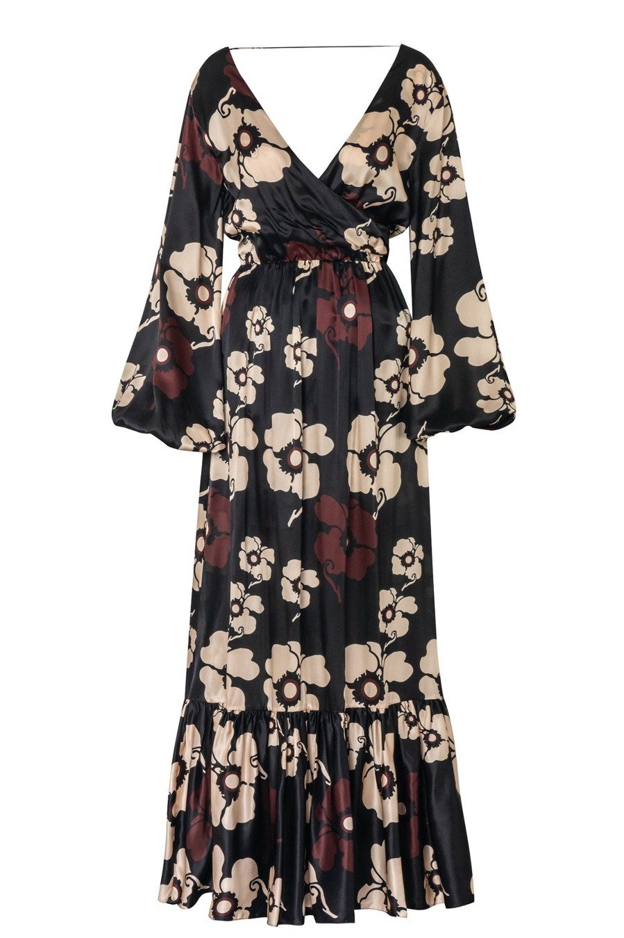 Women Juan de Dios | Feminine Mistique Silk Maxi Dress/Black Maxi Ivory Flowers