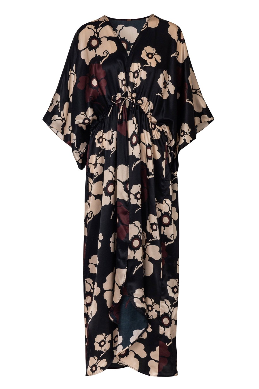 Women Juan de Dios | San Cipriano Silk Tunic/Black Maxi Ivory Flowers