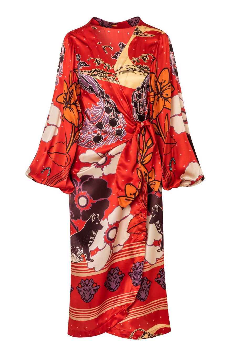 Women Juan de Dios Dresses | Hojarasca Silk Midi Tunic Dress/Red Moonlight Garden