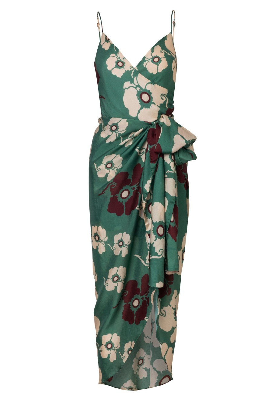 Women Juan de Dios | Sophia Silk Cotton Pareo Dress/Emerald Green Maxi Ivory Flowers