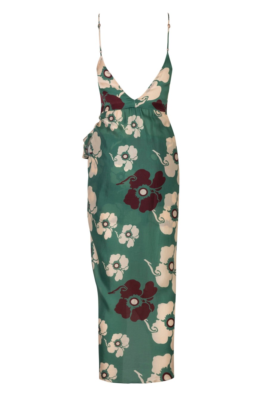 Women Juan de Dios | Sophia Silk Cotton Pareo Dress/Emerald Green Maxi Ivory Flowers