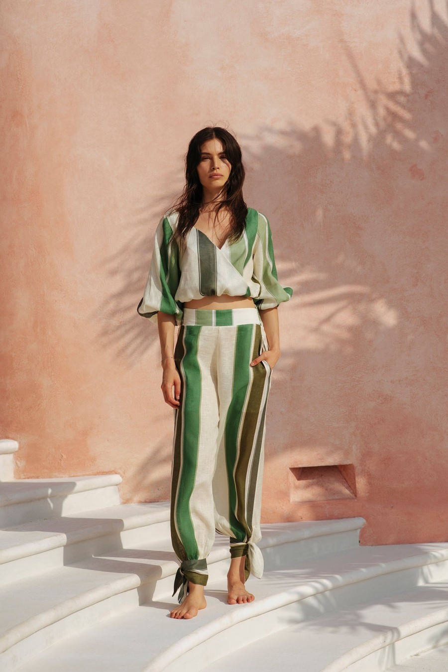 Women Juan de Dios Pants | Samadhi Linen Pants/Green-Ivory Stripes