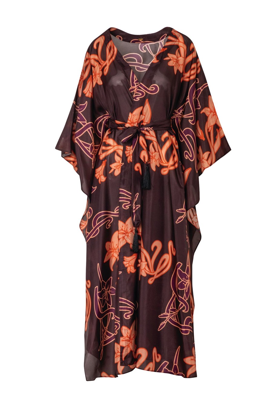 Women Juan de Dios | Morena Open Silk Kaftan/Aubergine Lilies In Salmon